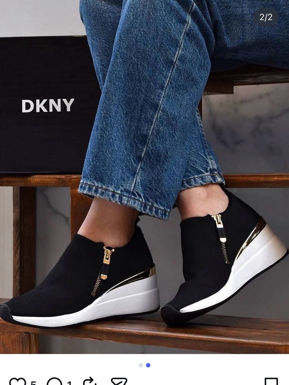 DKNY Black Knit Slip-On Wedge Sneakers with Gold Zip Detail